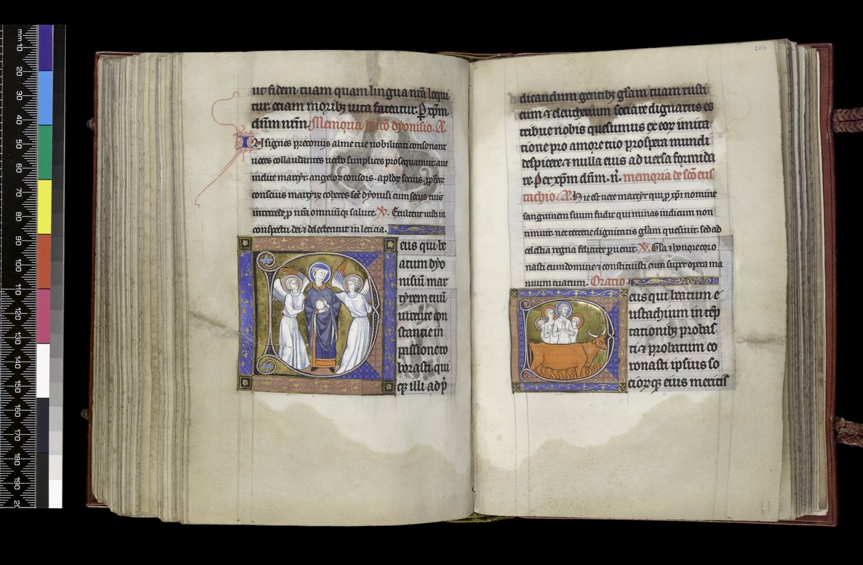 MS 300 f202v-203r, stemmerett til St. Denis og stemmerett til St Eustace, fra Salter og timer til Isabella av Frankrike, Paris, ca. 1265-70 av French School