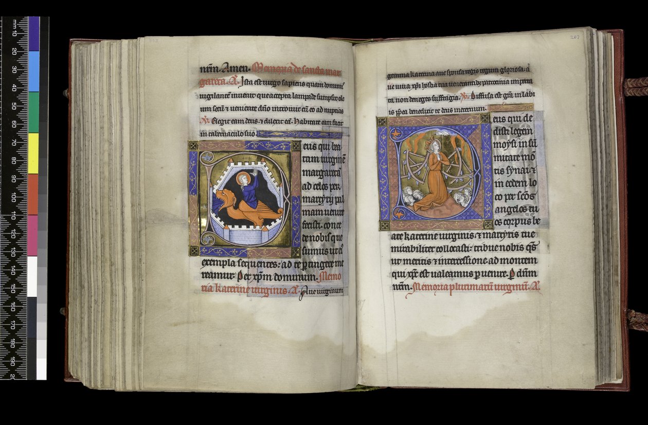 MS 300 f.206v-207r, Stemmerett til St. Margaret og Stemmerett til St. Katarina, fra Psalter and Hours of Isabella of France, Paris, ca. 1265-70 (penn og blekk og tempera på pergament) av French School