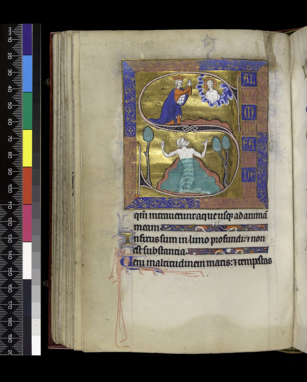 MS 300 f.70v, David ber til Gud (ovenfor), David synker i vann (under), fra Psalter and Hours of Isabella of France, Paris, c.1265-70 (penn & blekk og tempera på pergament) av French School