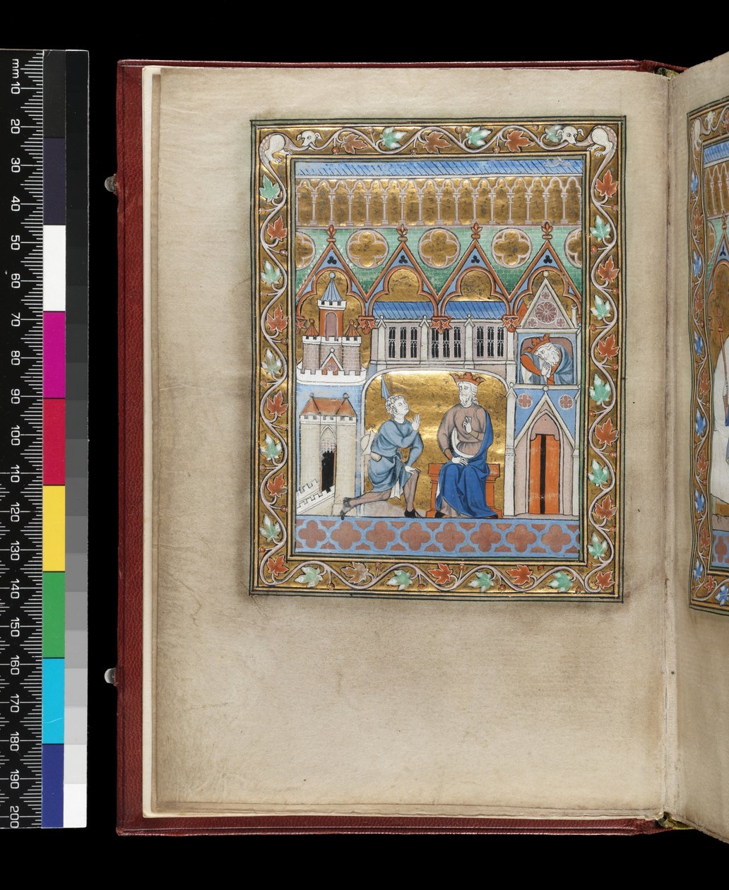 MS 300 f.IIIv, David, vist to ganger, får vite om Absaloms død, fra Psalter and Hours of Isabella of France, Paris, ca. 1265-70 (penn og blekk og tempera på pergament) av French School