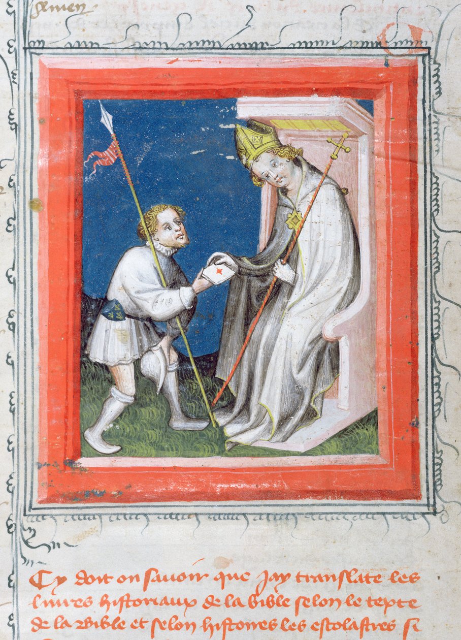 MS 313 Messenger gir et brev fra kongen av Frankrike til en biskop, miniatyr fra Bible de Guiart des Moulins av French School