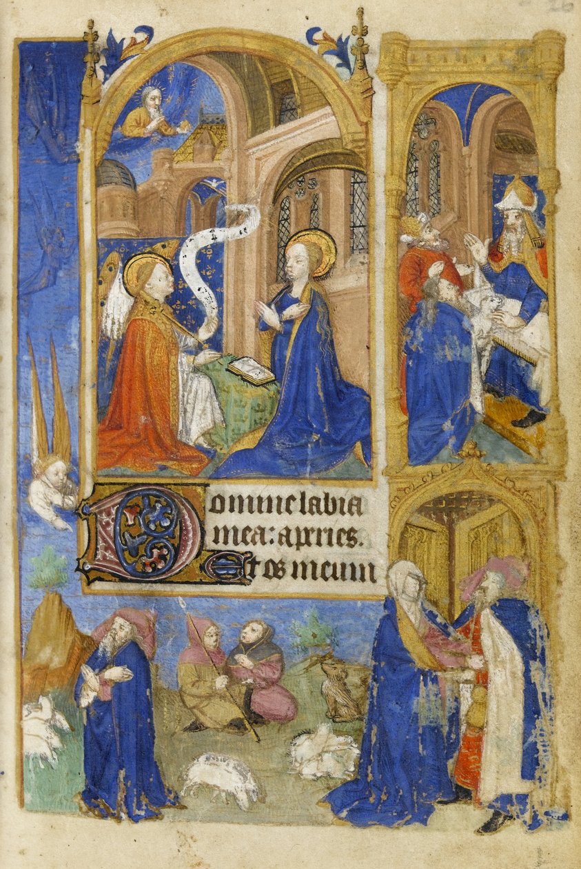 MS 39-1950 f.26r The Annunciation and Annunciation to the Shepherds, 1464 (gull, sølv og farget blekk på pergament) av French School