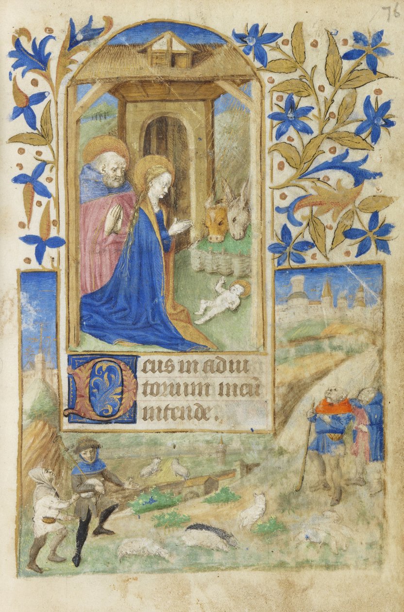 MS 39-1950 f.76r The Nativity, 1464 (gullsølv og farget blekk på pergament) av French School