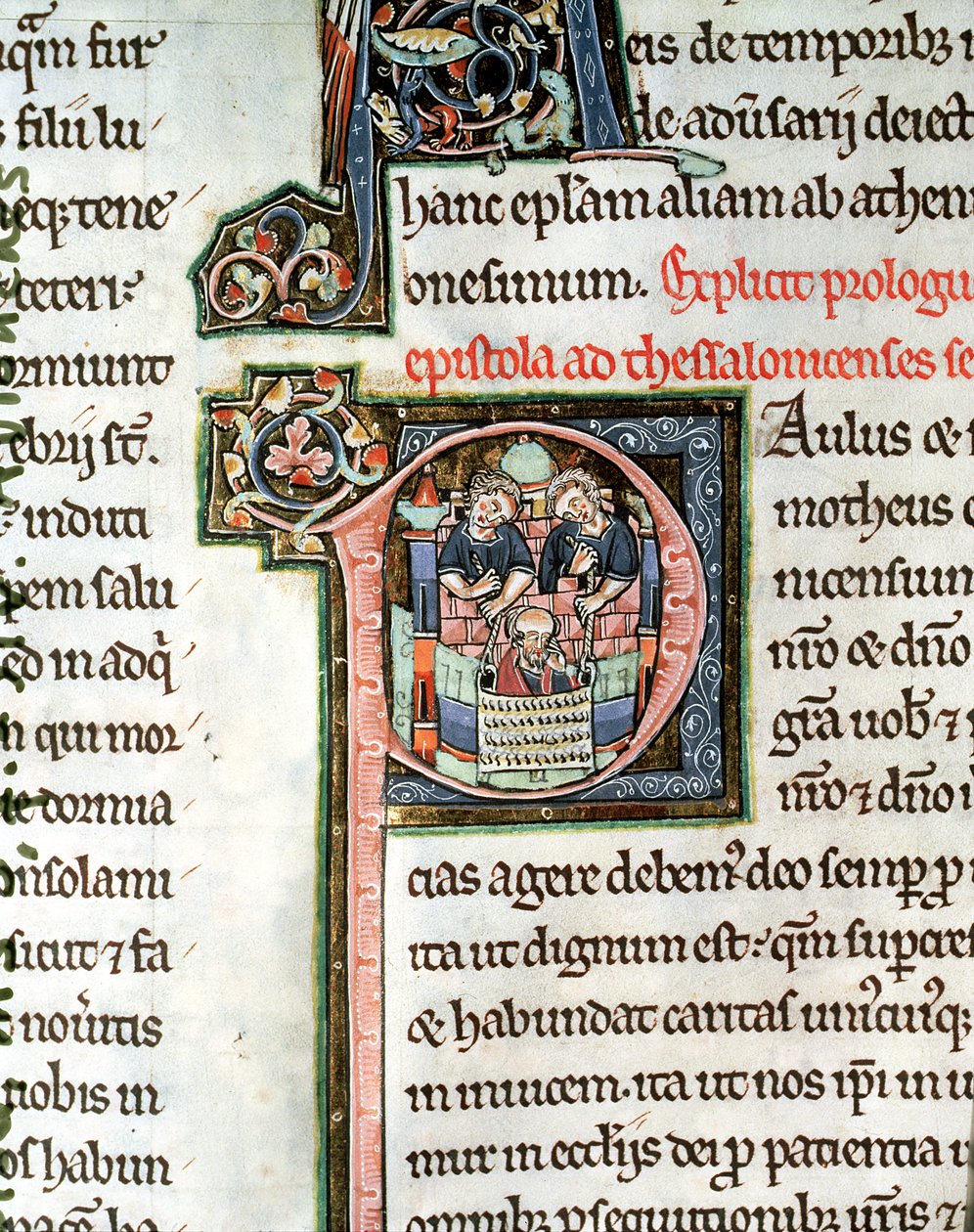 MS 3 Fol. 291v The Escape of Saint Paul fra Damaskus, opplyst første bokstav P, 1200-tallet, fra Avranches Bible av French School