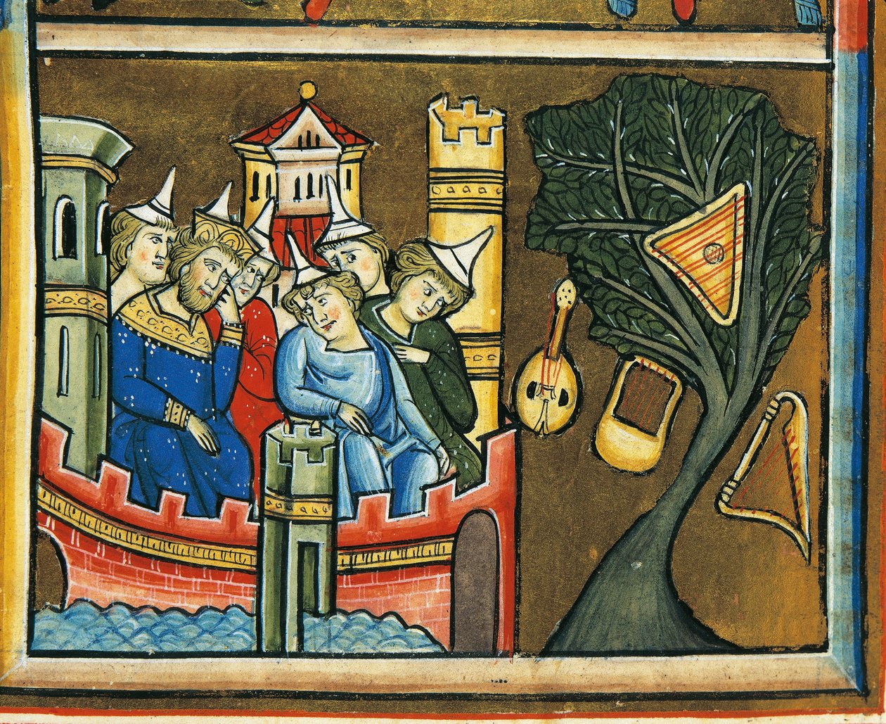 MS CXXXVII fol. 139v, sørgende jøder i Babylon, fra psalteren til Saint Elizabeth (tempera og bladgull på vellum) av French School
