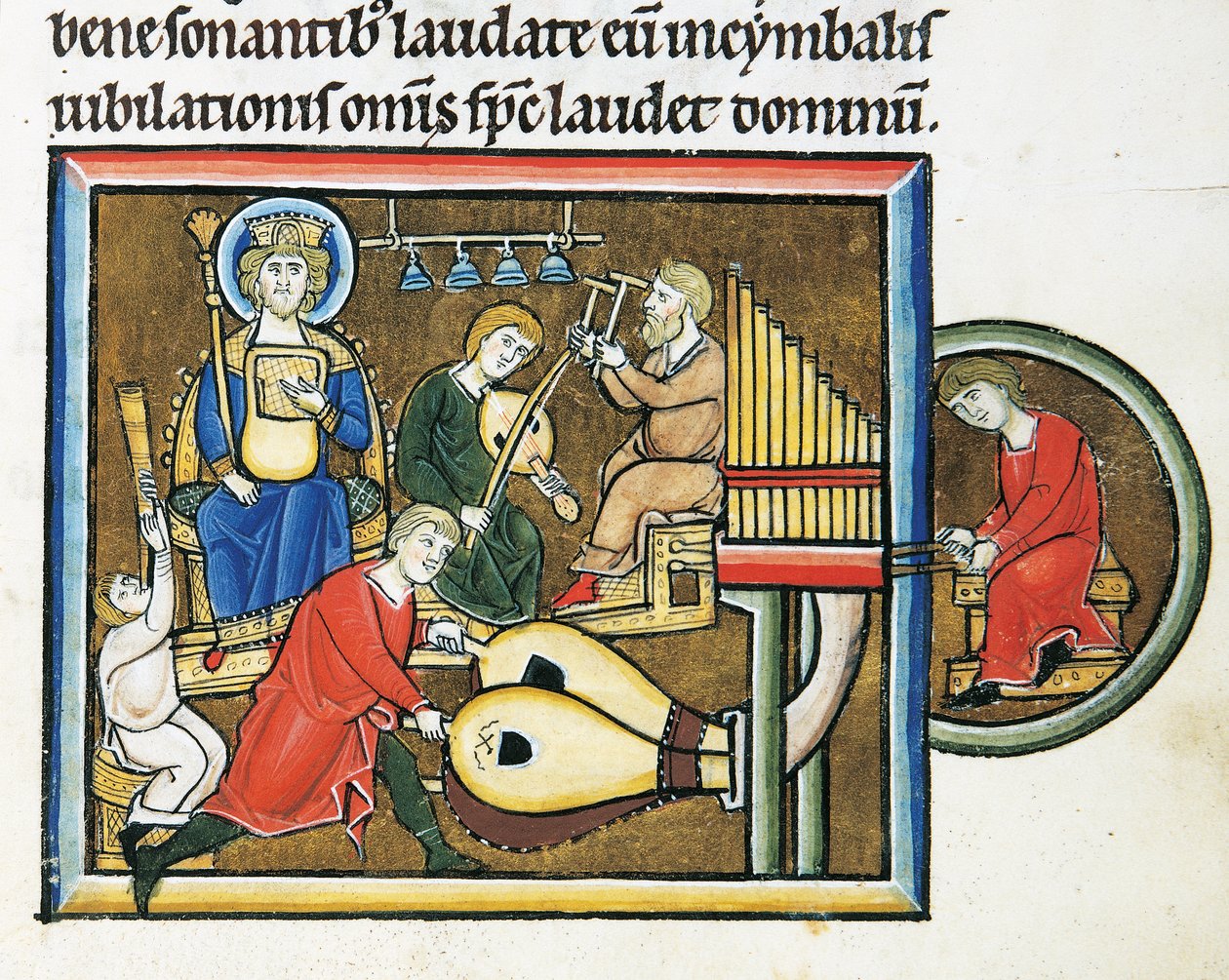 MS CXXXVII fol. 149r, kong David holder psalteren og musikere som spiller, fra Psalter of Saint Elizabeth (tempera og bladgull på vellum) av French School