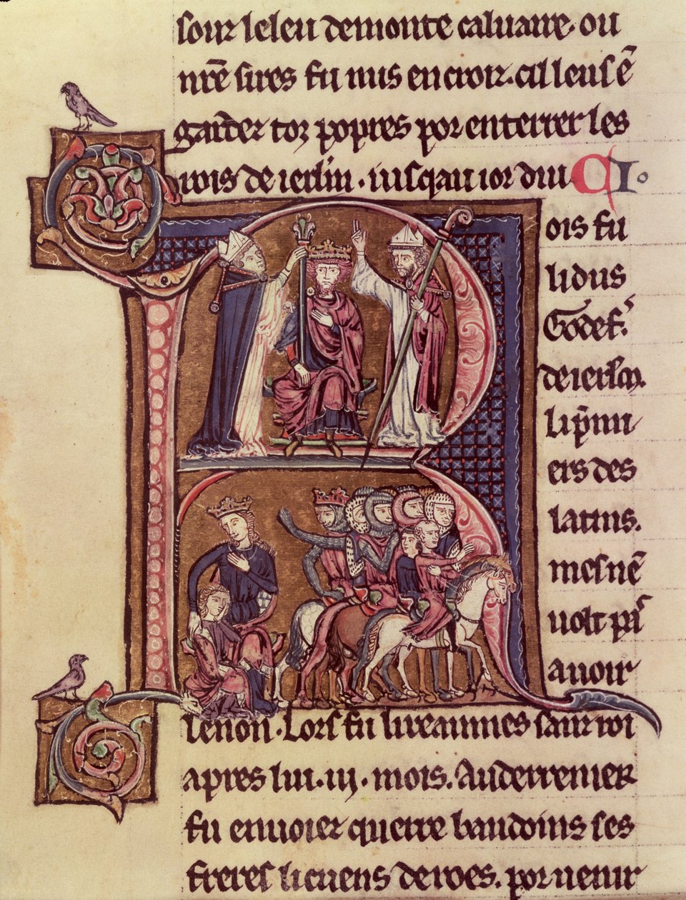 MS Fr 9081 f.99v Historikert initial R som viser kong Baldwin I av Flandern (1171-1205) som ble kronet som den latinske keiseren i 1204 og hans generøsitet overfor en tyrkisk kvinne som sendte barnet hennes av gårde av French School