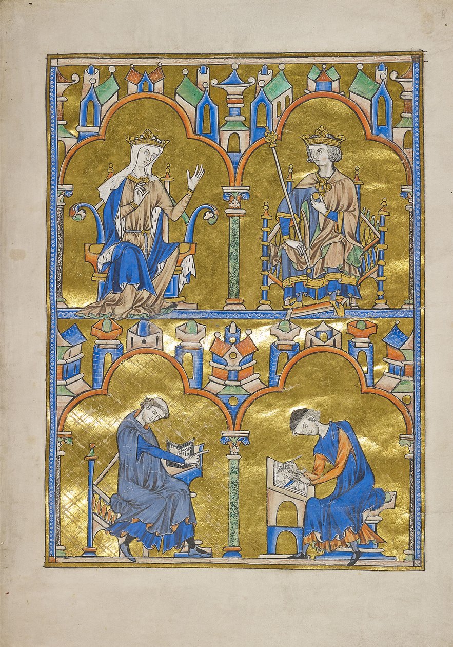 MS M.240 f.8r, Blanche av Castilla og kong Ludvig IX av Frankrike og nedenfor: Author Dictating to a Scribe, Bible of Saint Louis (Moralized Bible), sannsynligvis Paris av French School