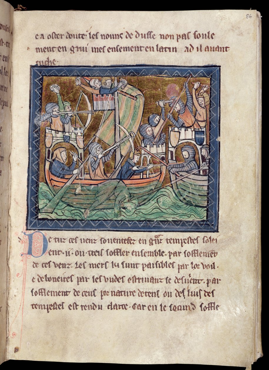 MS Marlay Legg til 1 f.86 Side med tekst med belysning av et sjøslag, fra De Re Militari, ca. 1270 av French School
