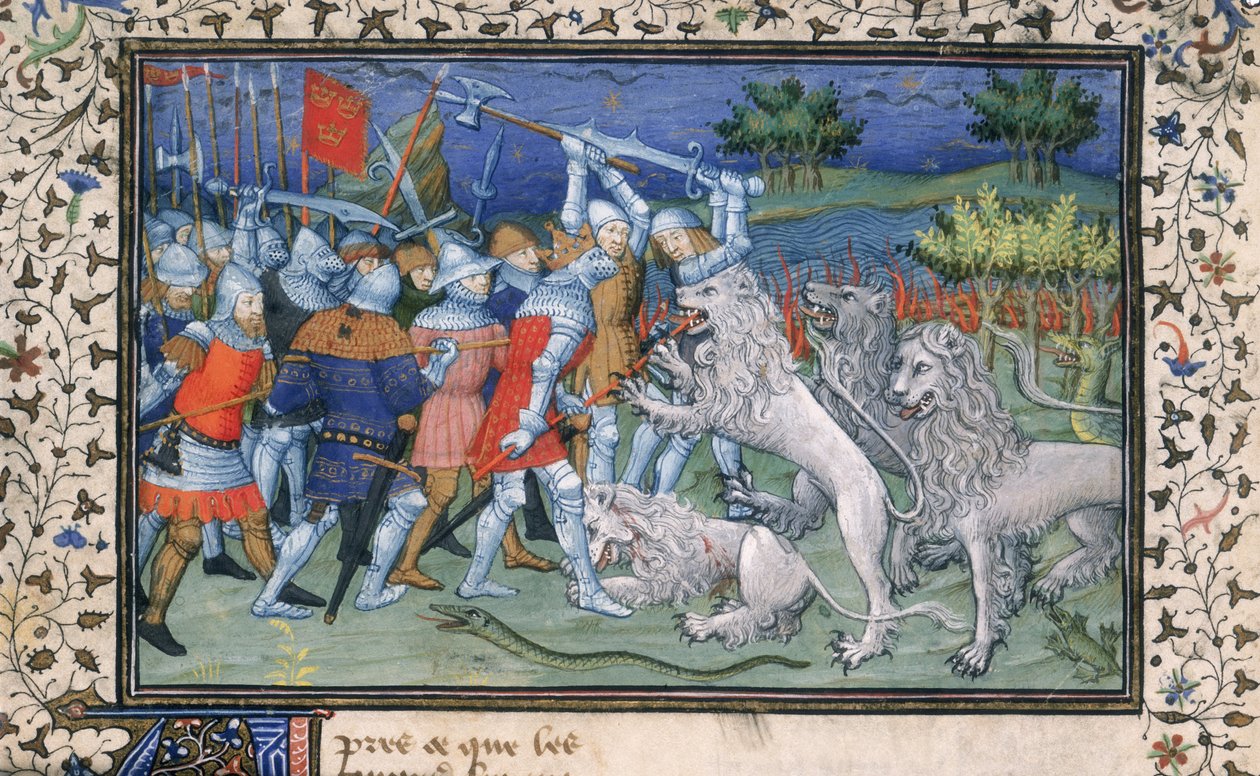 MS Royal 20 B.XX fol.50v Alexander den store (356-323 f.Kr.) kamper med hvite løver, fra 