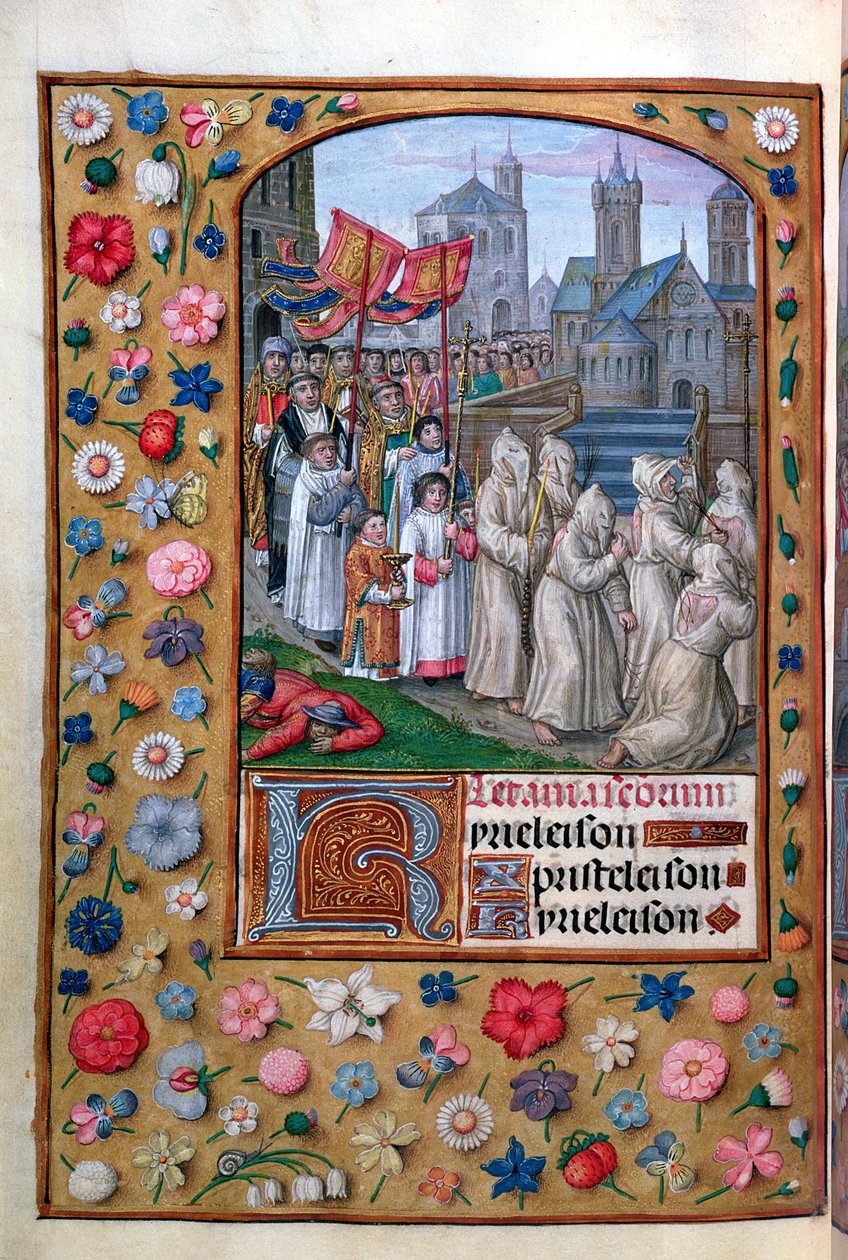 MS Vol. 137 f.136v Prosesjonen til pave Gregor I (ca. 540-604) gjennom Roma i 590, fra litaniene til en timebok, fransk, tidlig på 1500-tallet av French School