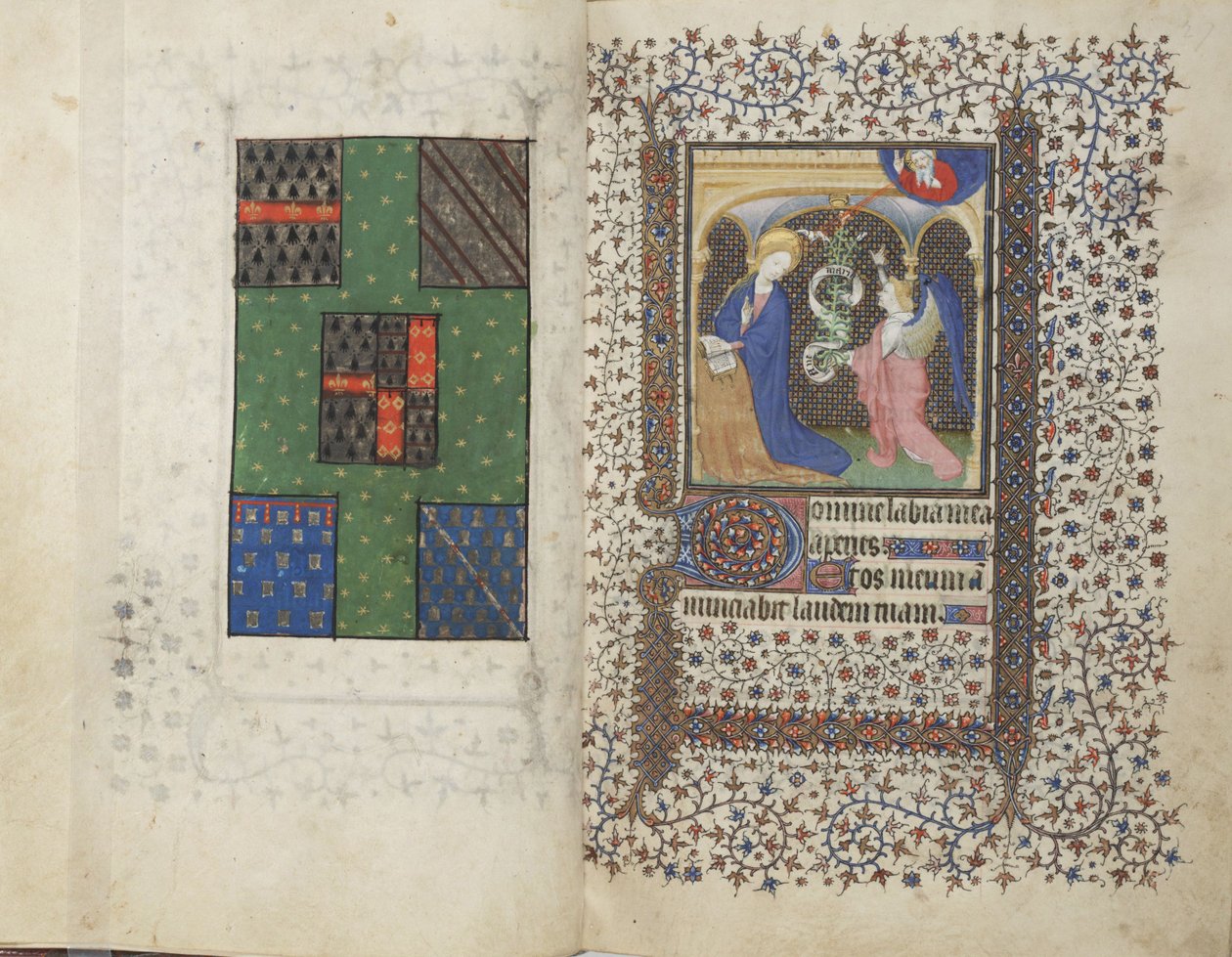 MS Widener 4, ff.26v-27r, Coat of Arms and the Annunciation, from a Book of Hours, bruk av Rennes, ca. 1405 (penn og blekk og tempera på vellum) av French School