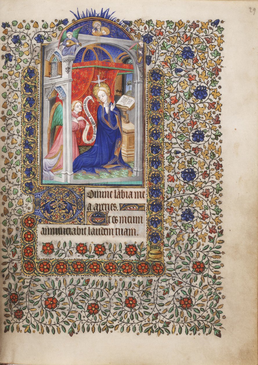 MS Widener 6 f.29r, Annunciation, from a Book of Hours, bruk av Paris av French School