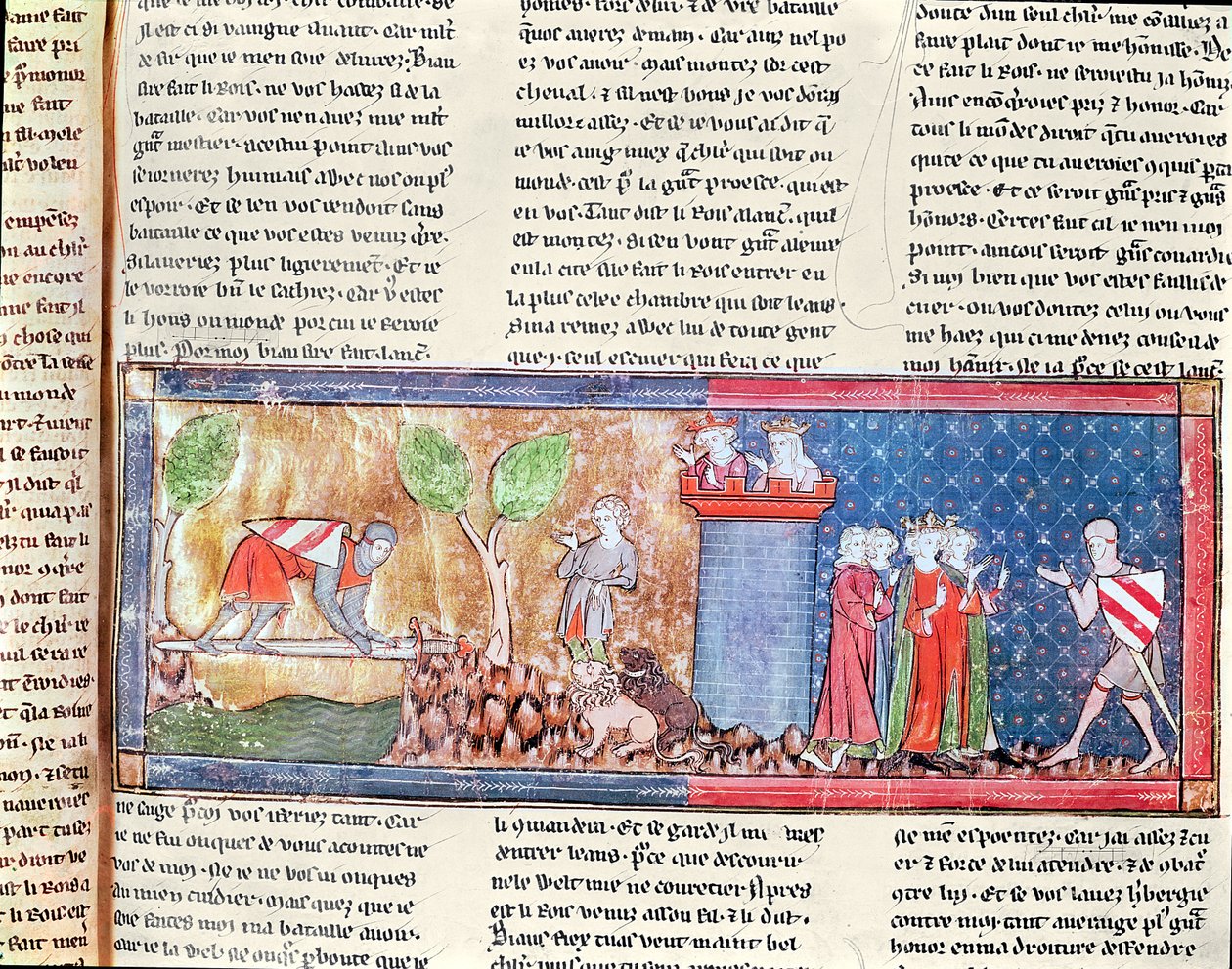 M. 806 f.166 Lancelot beviser sin kjærlighet til Guinevere ved å krysse en elv med et skarpt sverd, fra Roman de Lancelot du Lac, 1344 av French School