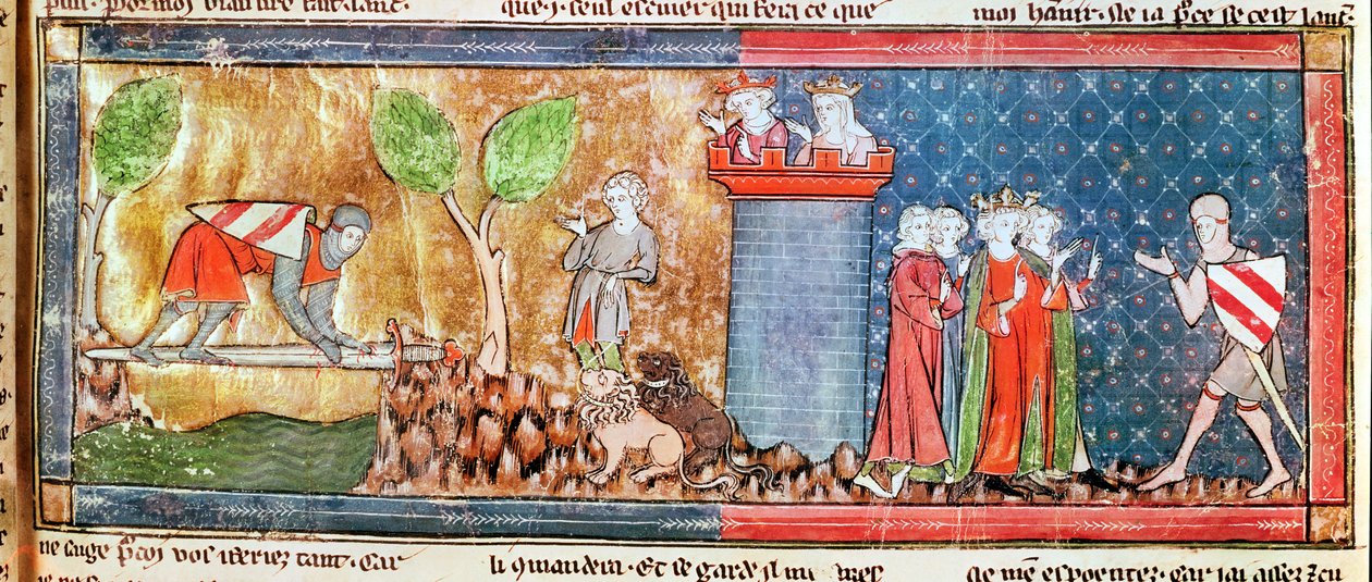 M. 806 f.166 Lancelot beviser sin kjærlighet til Guinevere ved å krysse en elv med et skarpt sverd, fra Roman de Lancelot du Lac, 1344 av French School