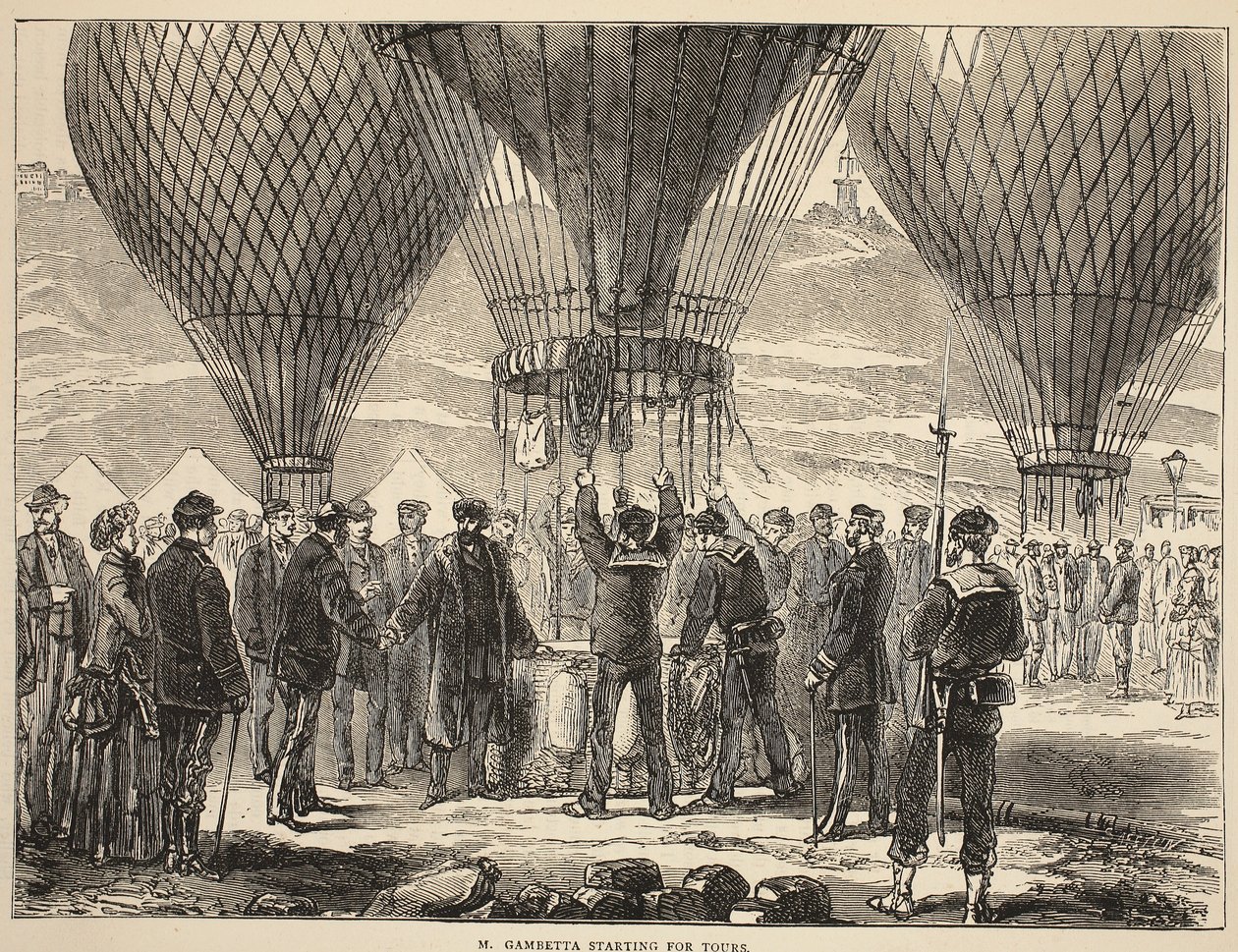 M. Gambetta starter for Tours, illustrasjon fra Cassells History of the War between France and Germany, 1870-1871 av French School