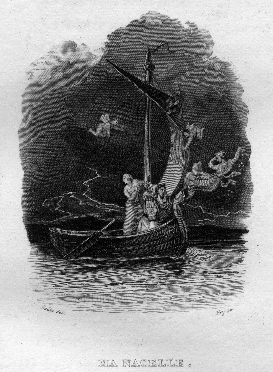 Ma nacelle Chanson de Beranger in “” Works Completes”” (1834) by Pierre Jean de Beranger (1780-1857), French poet and songwriter. av French School
