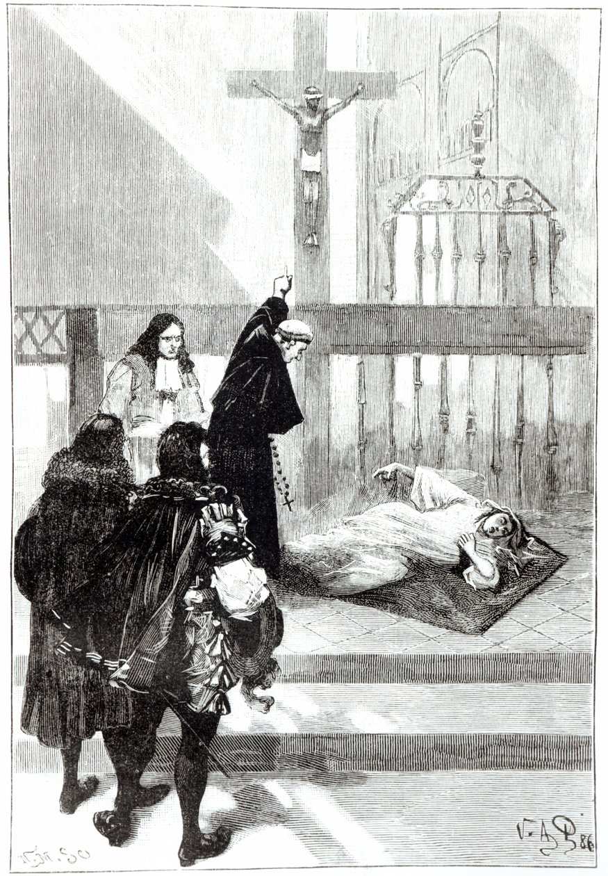 Madame de Sazilles blir utvist i nærvær av hertug Gaston dOrleans, illustrasjon for de besatte av Loudun i Les Mysteres de la Science av Louis Figuier, 1886 av French School