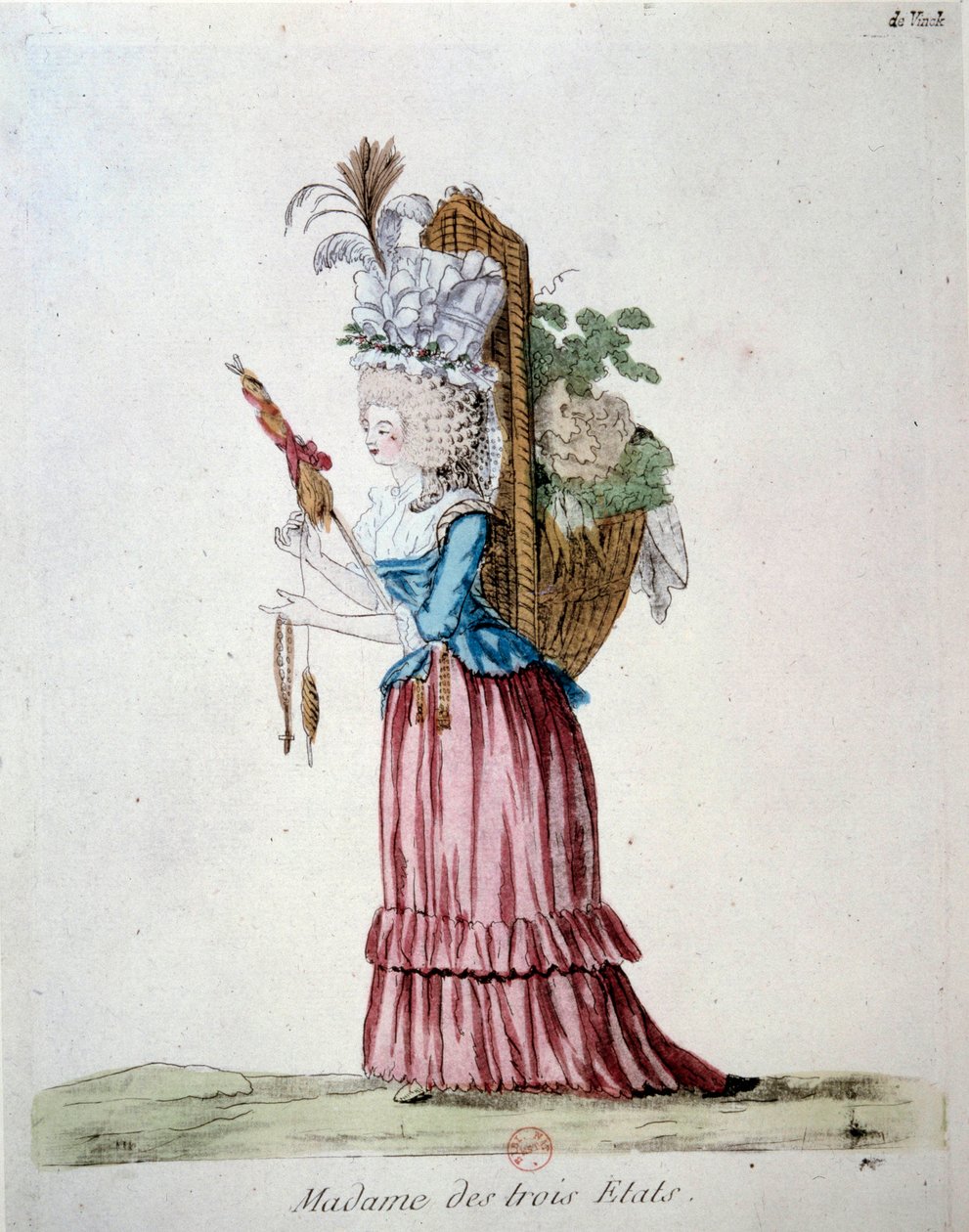 Madame of the Three States En kvinne iført elegante klær og bærer en kurv med frukt og grønnsaker som representerer de tre statene på tidspunktet for den franske revolusjonen. Gravering fra 1789. Library of the Arsenal, paris av French School