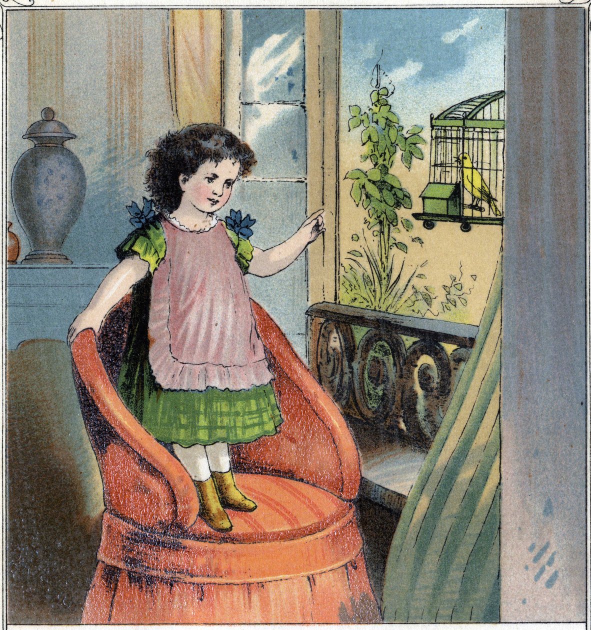 Madeleine, the little girl, received a serin for her birthday: this one is in a cage and despite the affection the child bears him, he regrets his freedom and feels a prisoner. Chromolithography from “Childhood Scenes””. Edition Guerin - Muller circa 1885. av French School