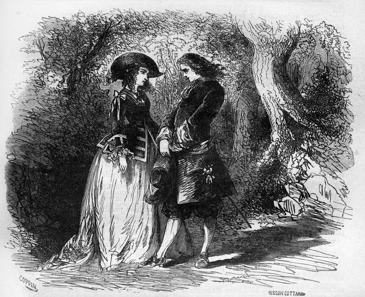 Mademoiselle de Pons møtte sin unge elsker Malicorne rundt 1653. Inngravering i "Prostitusjonens historie og utskeielser blant alle verdens folkeslag fra antikken til i dag" av Dr. Th. -F. Debray. 1879. av French School