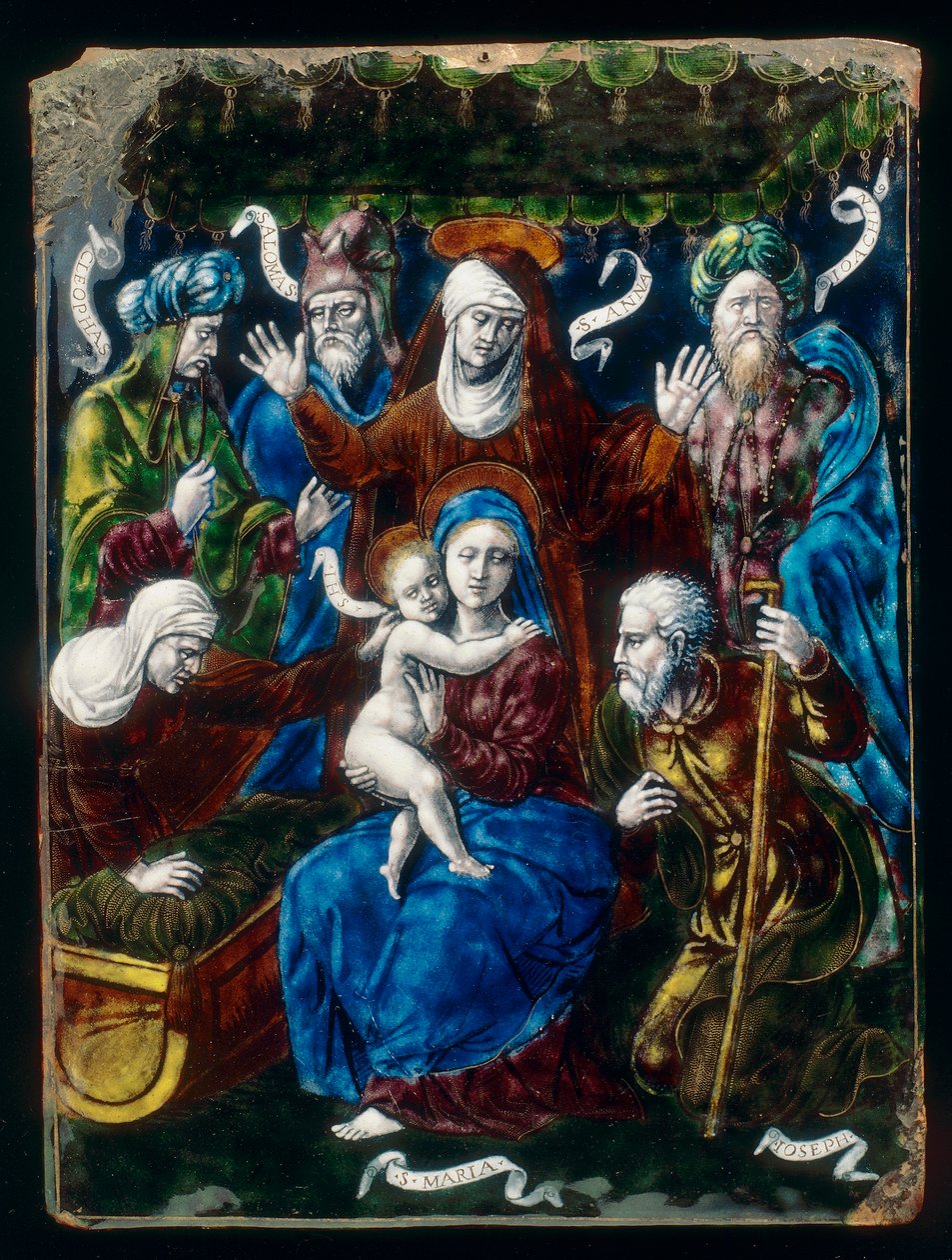 Madonna og barn, hellige og profeter, jobber i majolica fra Penicaud-verkstedet av French School