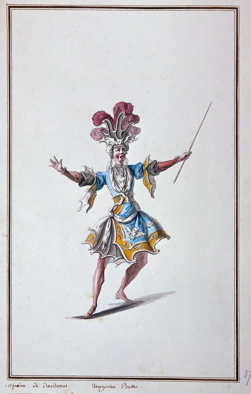 Tryllekunstnerens kostyme til operaen av Dardanus, lyrisk tragedie av Jean-Philippe (Jean Philippe) Rameau - i "Menus Plaisirs du Roi, Ballets et Costumes av French School