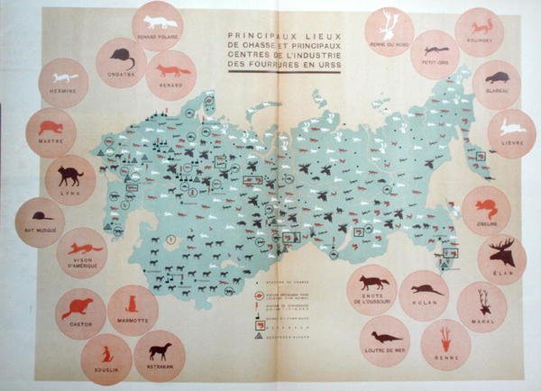 Hovedjaktområder og sentre for pelsdyrindustrien i USSR, illustrasjon fra 
