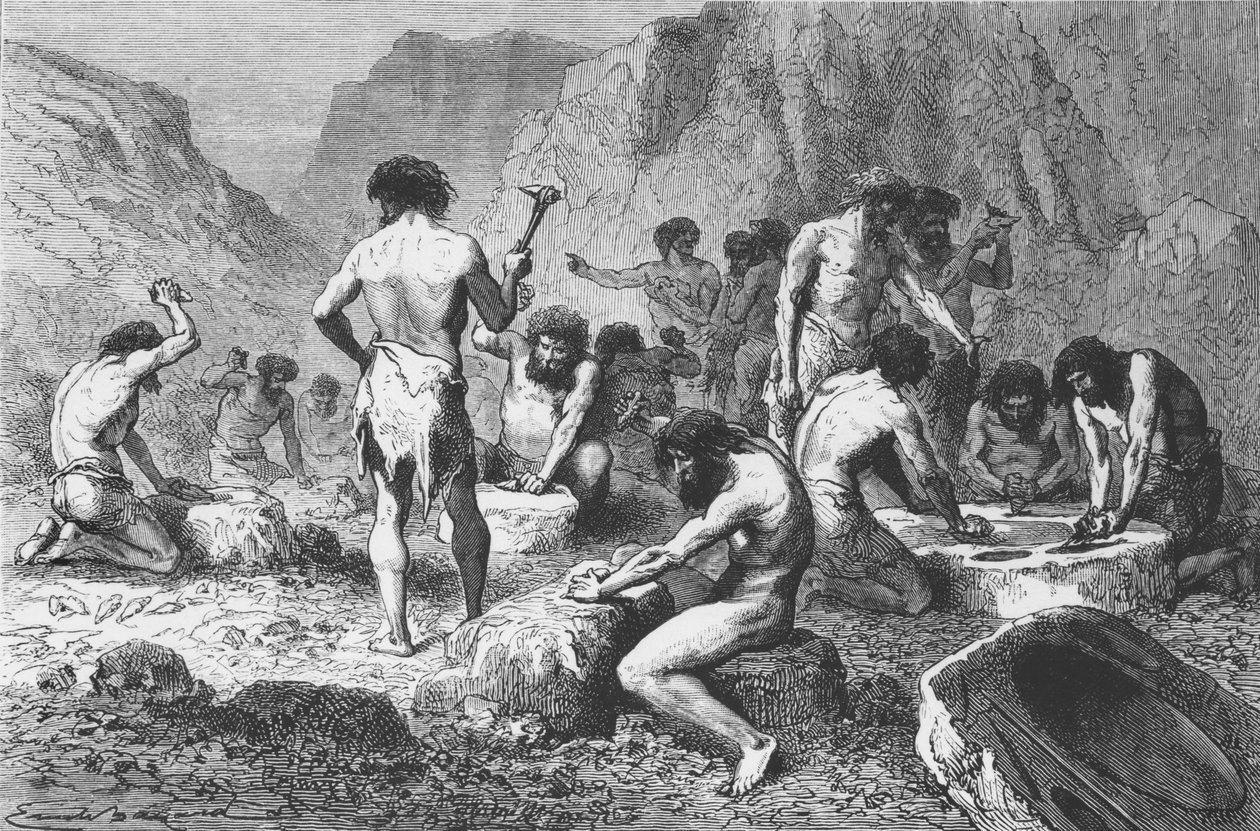 Lage og polere silex hos Pressigny, illustrasjon fra LHomme Primitif av Louis Figuier, utgitt av Hachette, 1870 av French School