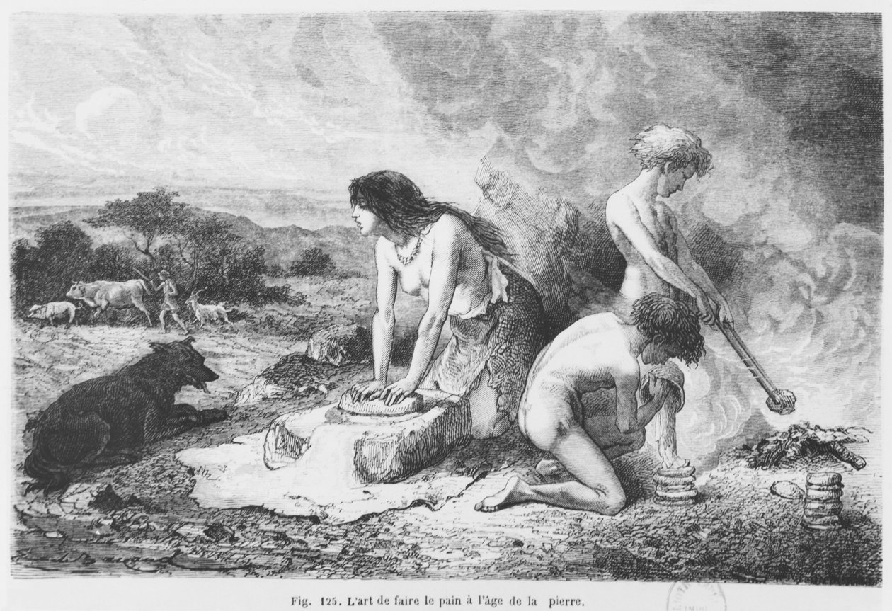 Å lage brød i steinalderen, illustrasjon fra LHomme Primitif av Louis Figuier, utgitt av Hachette, 1870 av French School