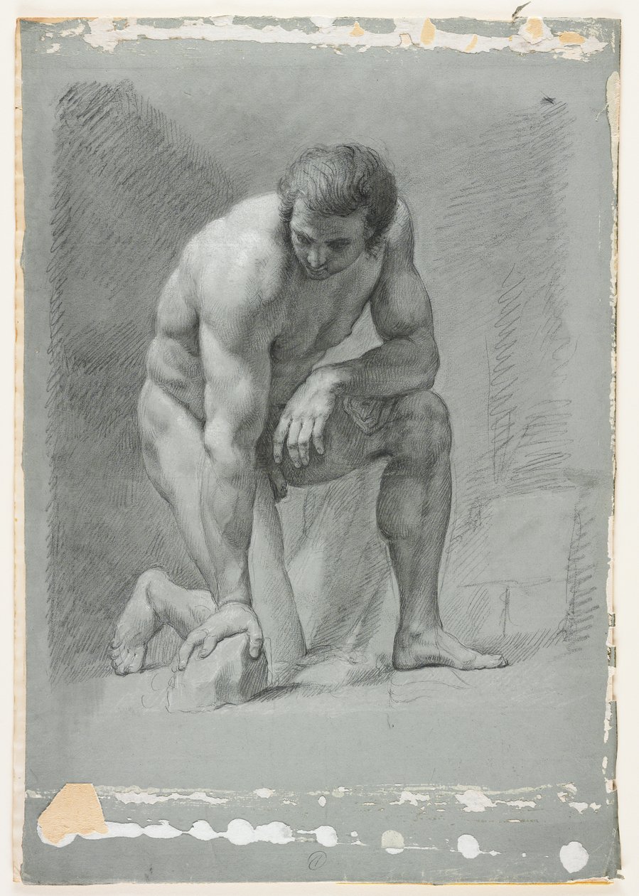 Male Academy, Kneeling, Leaning Forward on a Rock, slutten av 1700-tallet (svart kritt med hvit forhøyning) av French School