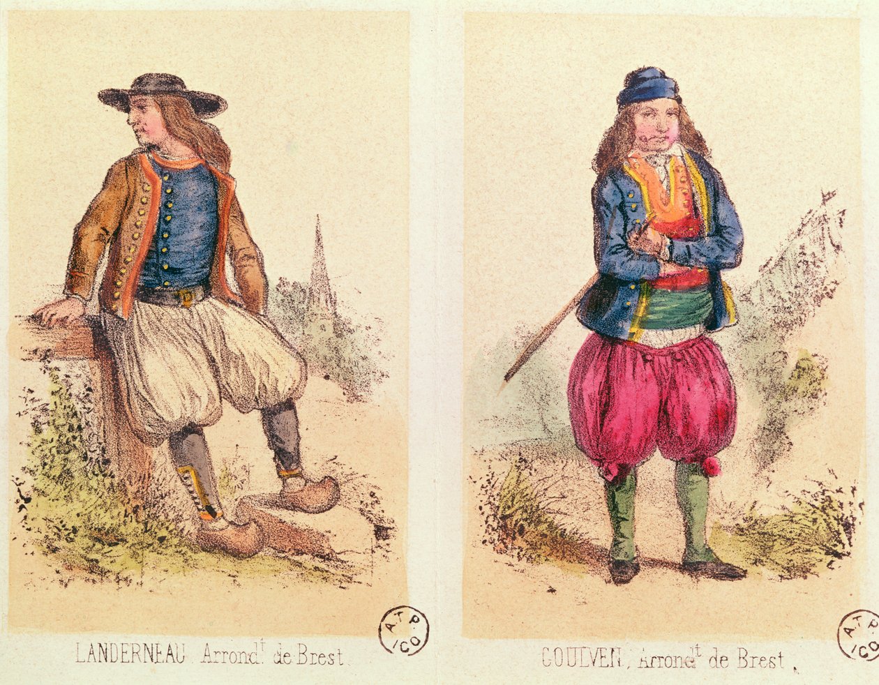 Mannskostymer fra Landerneau og Goulven, fra Les Costumes Bretons de Sorrieu av French School