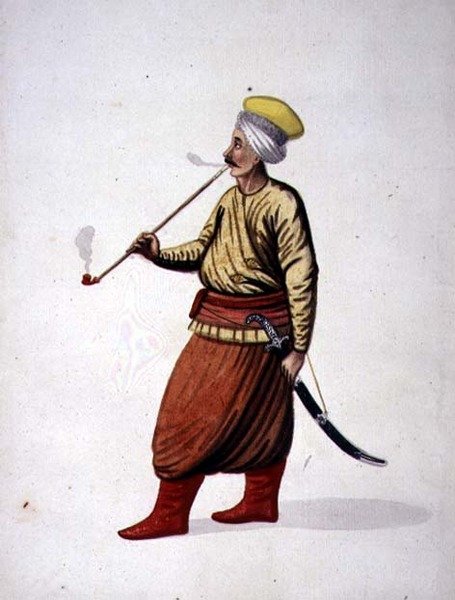 Man Smoking a Pipe, osmansk periode, tredje kvartal av 1700-tallet (akvarell på papir) av French School