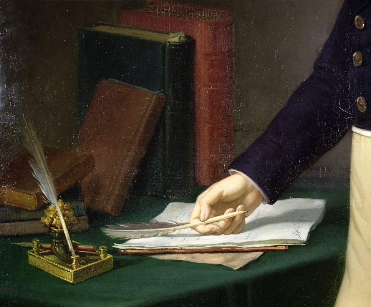 Mann som holder en penn i høyre hånd, ca. 1830-40 av French School