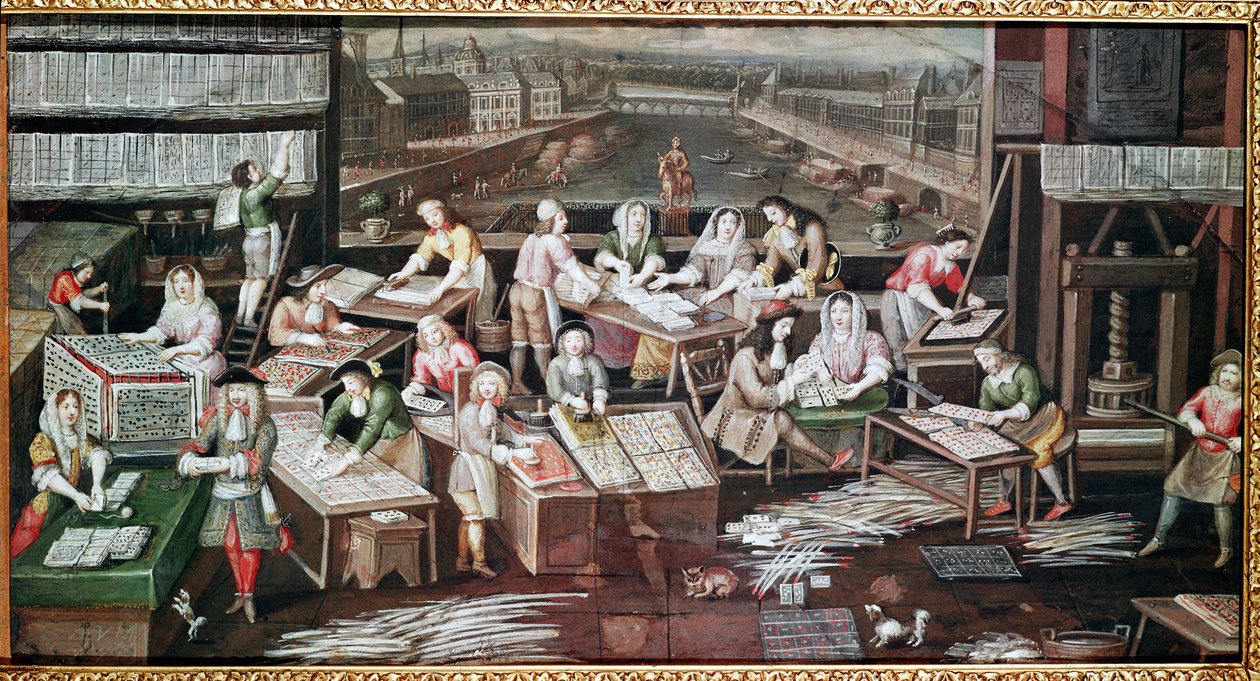 Produksjon av spillekort i et hus på Place Dauphine (design for en vifte, gouache på papir, ca. 1680) av French School