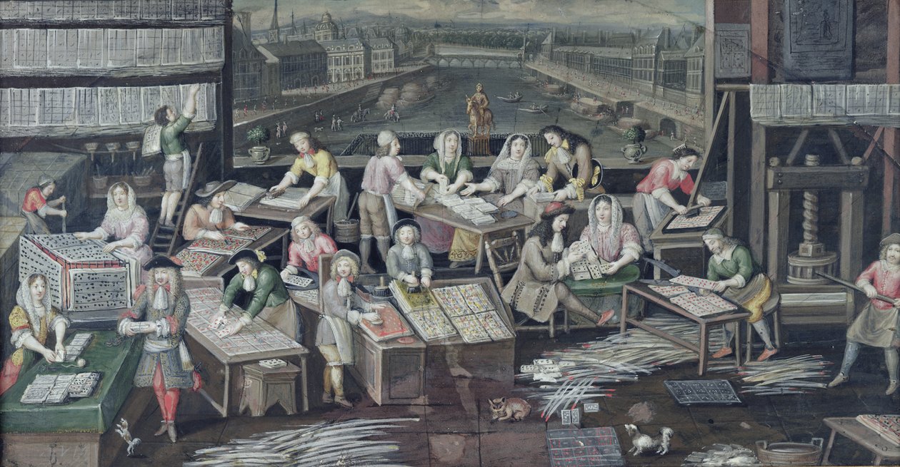 Produksjon av spillekort i et hus på Place Dauphine, design for en fan, ca. 1680 av French School