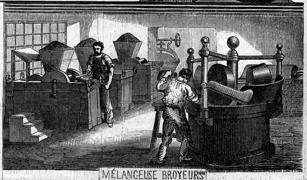 Produksjon av sjokolade: melange og slipemaskiner. Usine de M. Masson, Paris av French School
