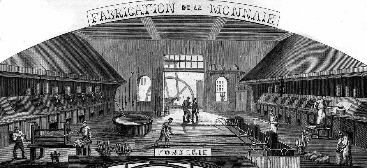 Produksjon av penger: støperi. Gravering i "Le Monde Illustré"" nr. 145 av 21. januar 1860. av French School