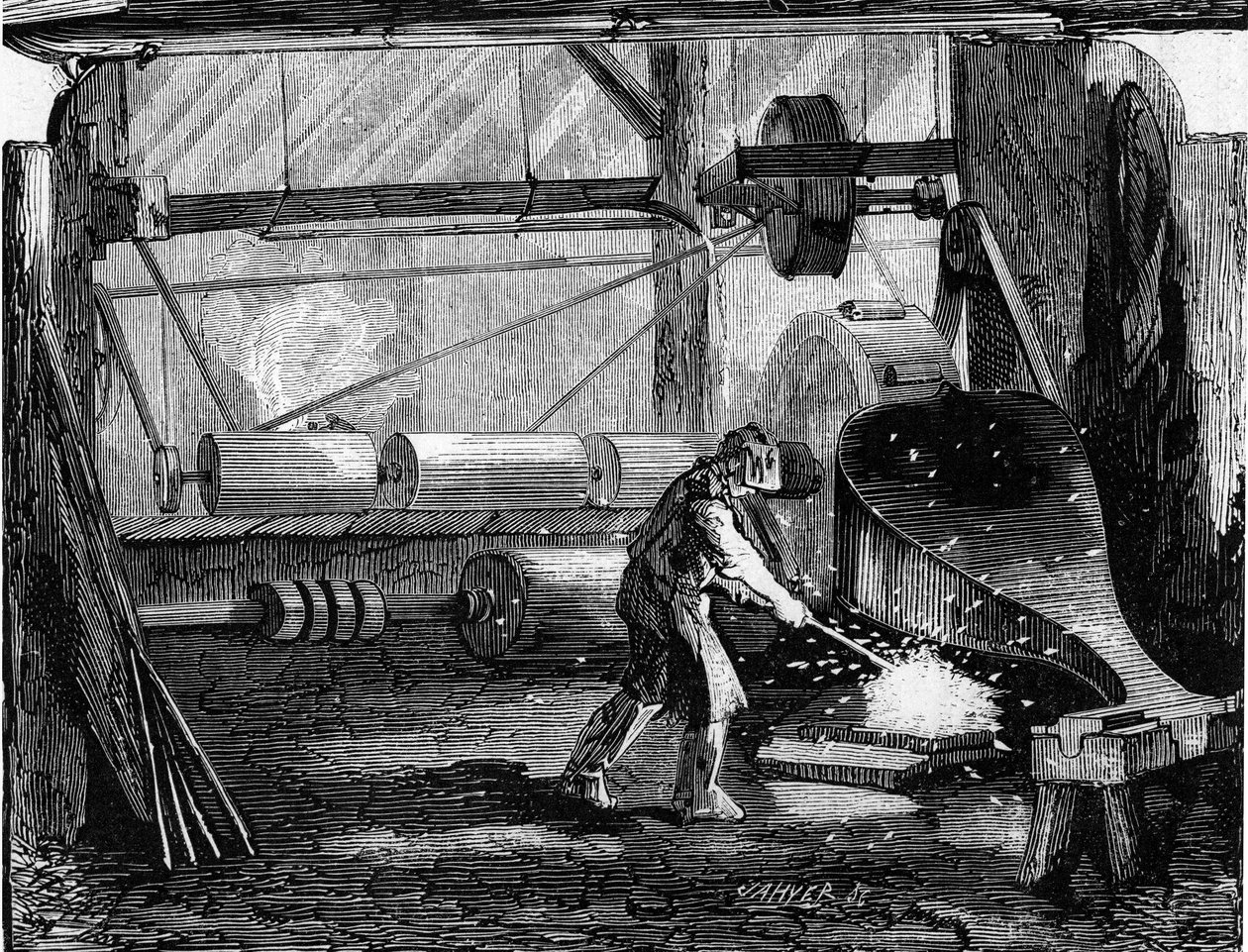 Produksjon av riflekanoner: jernlistene er røde blanke. Gravering i "" Le Monde Illustré"" nr. 35 av 12. desember 1857. av French School
