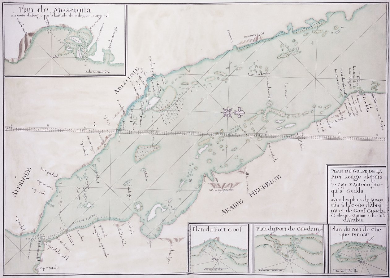 Manuskriptkart over den sørlige delen av Rødehavet fra Afrikas horn og Jemen opp til Jiddah, ca. 1740 av French School