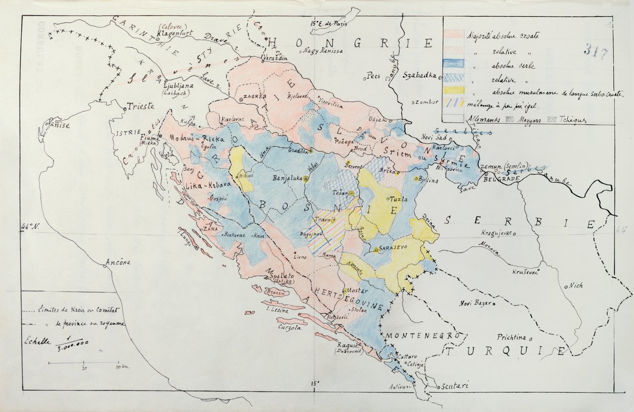 Kart over Bosnia med detaljer om områdene okkupert av etniske minoritetsgrupper, 1910 (penn, blekk og wc) av French School