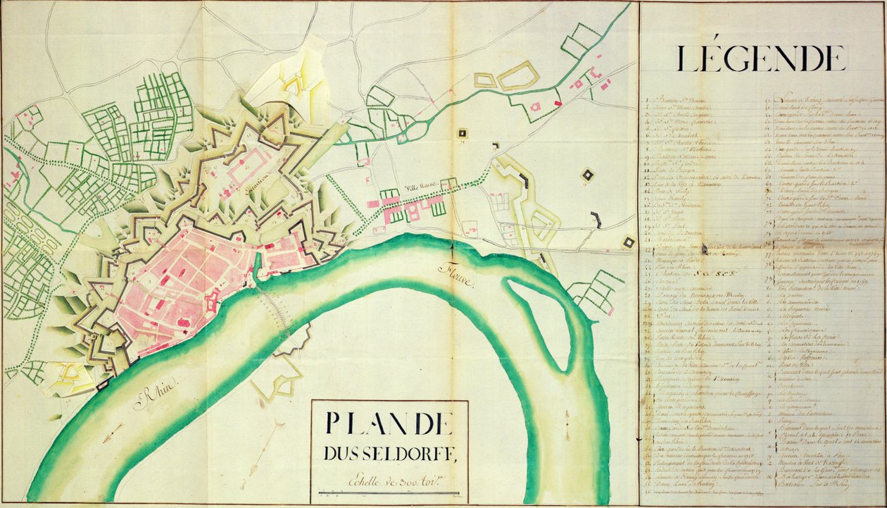 Kart over Düsseldorf (penn og blekk på papir) av French School