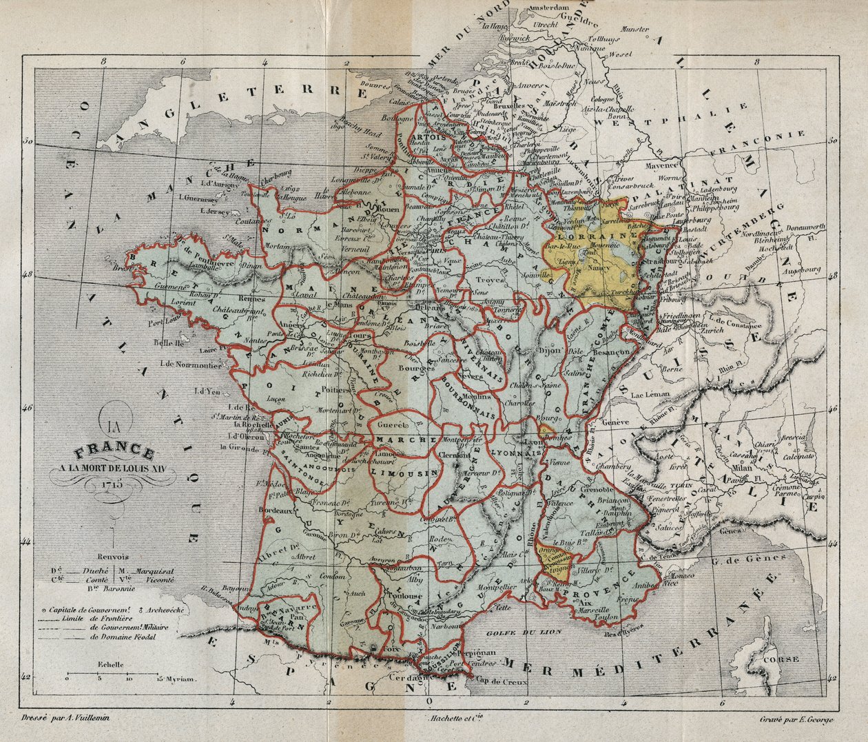 Kart over Frankrike ved Louis XIVs død i 1715 - Plan de La france a la mort de Louis XIV en 1715 - gravering i "" Histoire de France" av Victor Duruy (1811-1894) - 1882 av French School