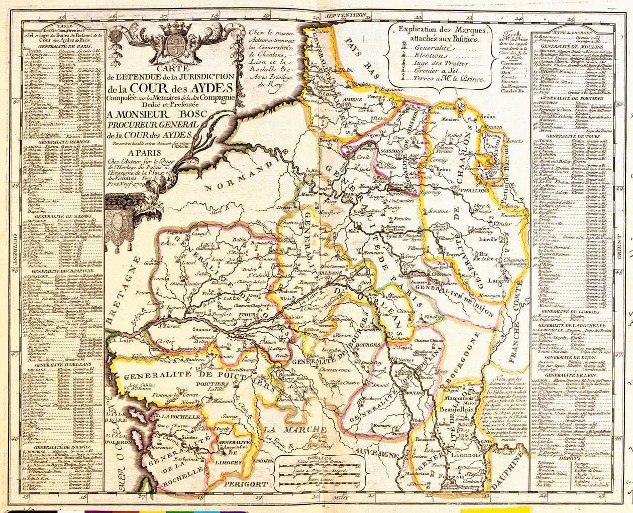 Kart over franske territorier under skatt, 1709, fra Le Theatre du Monde av Jean-Baptiste Nolin, utgitt 1717 (håndfarget gravering) av French School