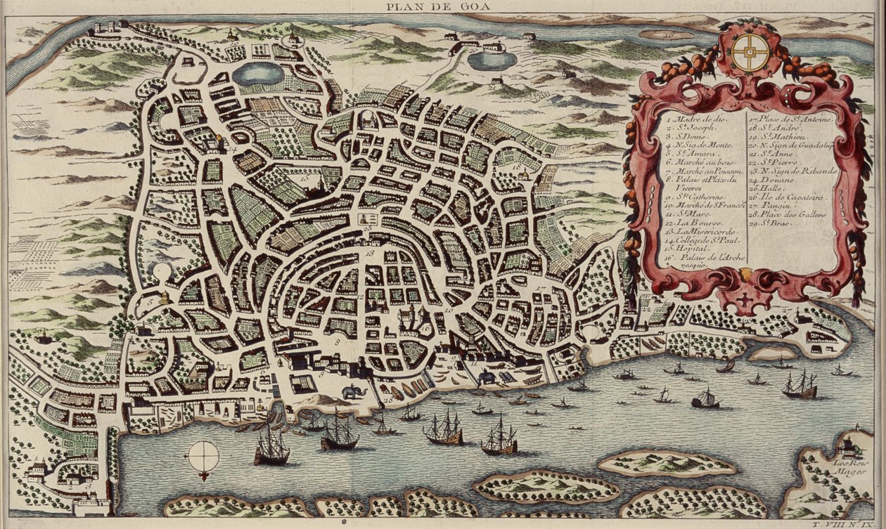 Kart over Goa, fra Histoire generale des voyages, 1750 (fargegravering) av French School