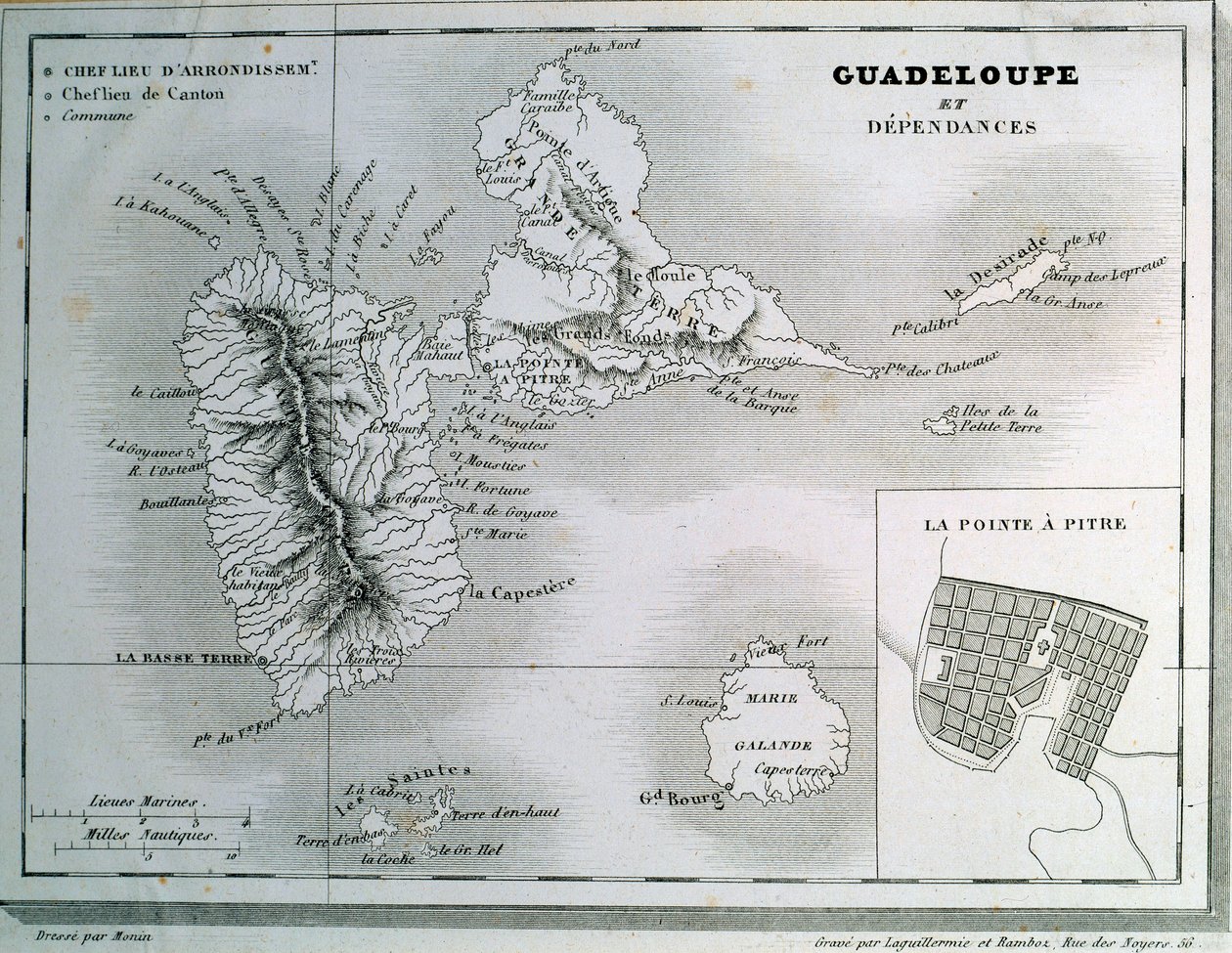 Kart over Guadeloupe og dets avhengigheter. Gravering av 1800-tallet. Chartres, Museum of Fine Arts av French School