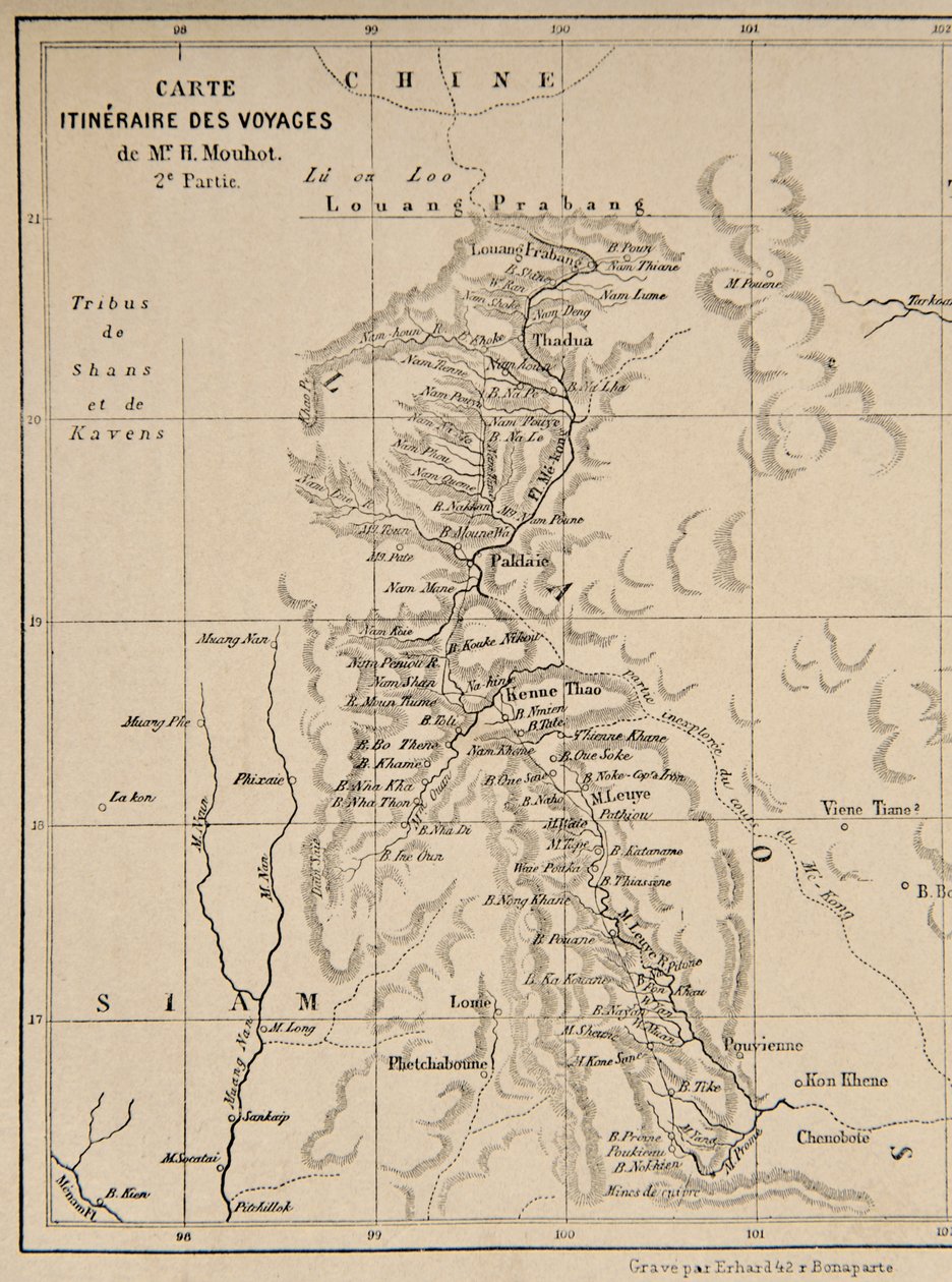 Kart over Laos og Mekong-elven som viser ruten for reisen til Henri Mouhot, illustrasjon fra Reiser i de sentrale delene av Indo-Kina (Siam), Kambodsja og Laos i løpet av årene 1858, 1859, en av French School