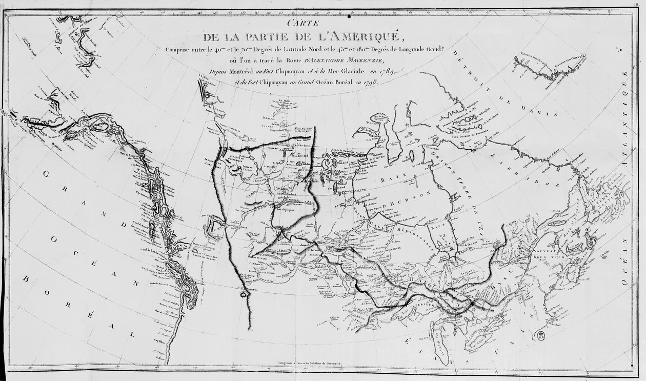 Kart over Nord-Amerika, plotter ekspedisjonene til Sir Alexander Mackenzie i 1789 og 1798 til Polhavet av French School