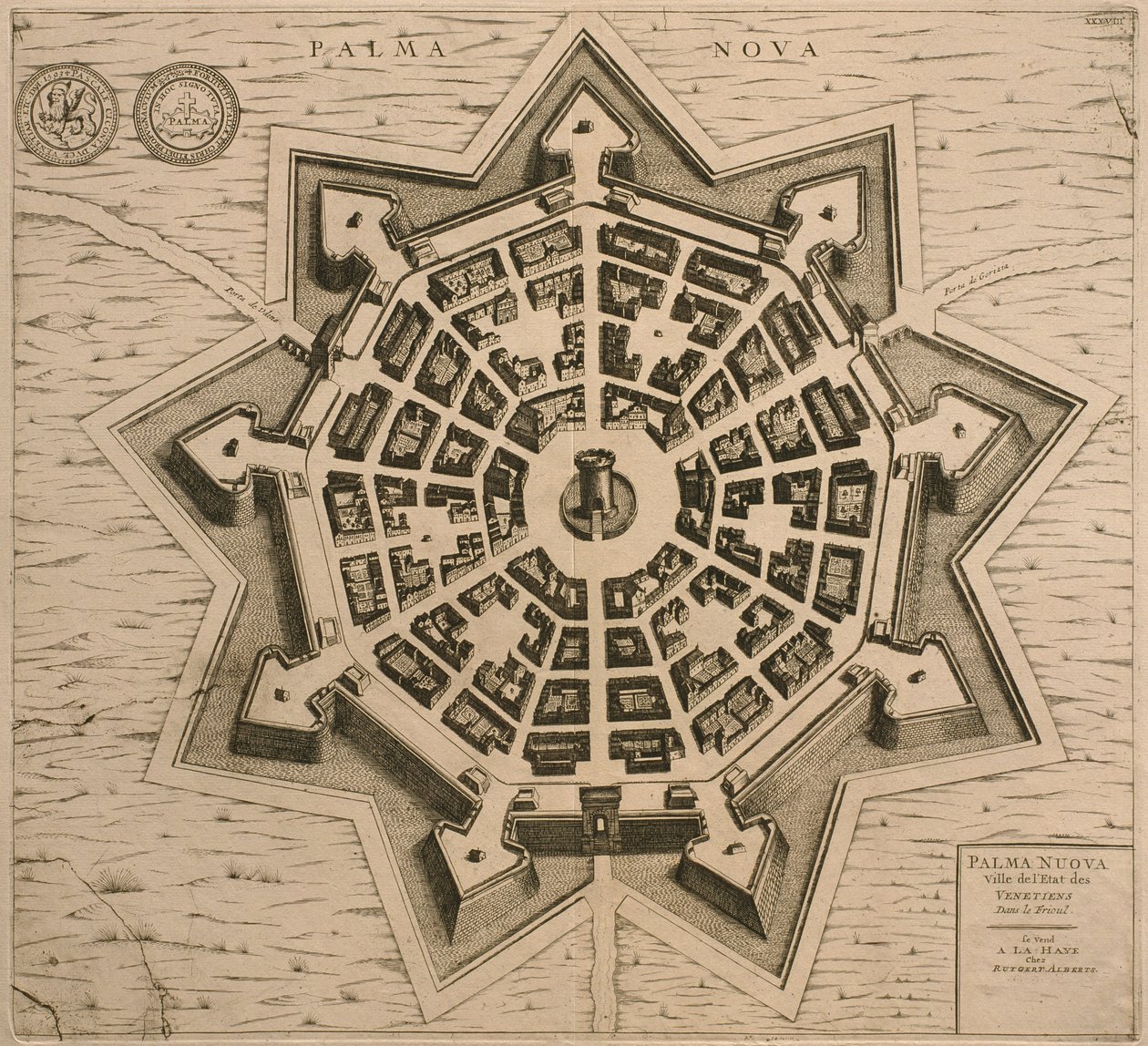 Kart over Palmanova, fra Les Villes de Venetie, 1704, utgitt av Rutgert Alberts i Haag av French School
