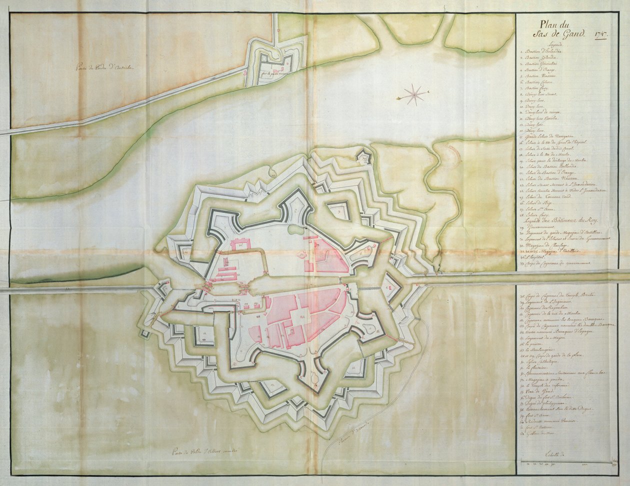 Kart over Sas van Gent, Nederland, 1747 (penn, blekk og wc på papir) av French School